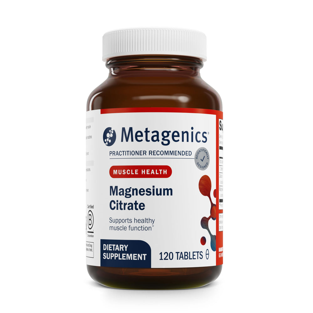 Metagenics Magnesium Citrate 300 mg bottle close-up for muscle function and bone strength.