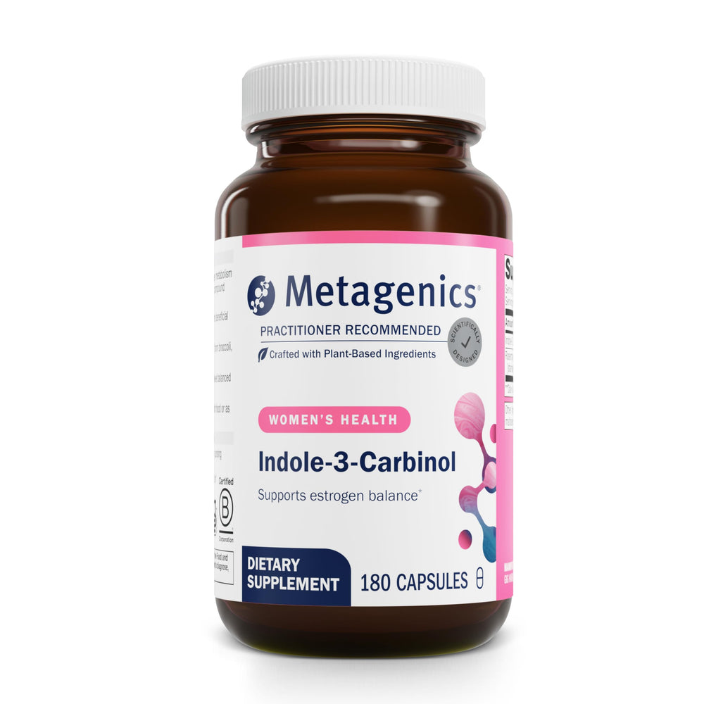 Metagenics Meta Indole-3-Carbinol bottle with capsules supporting estrogen balance.
