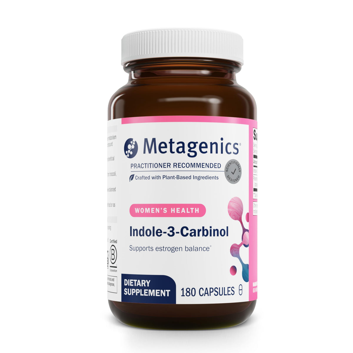 Metagenics Meta Indole-3-Carbinol bottle with capsules supporting estrogen balance.