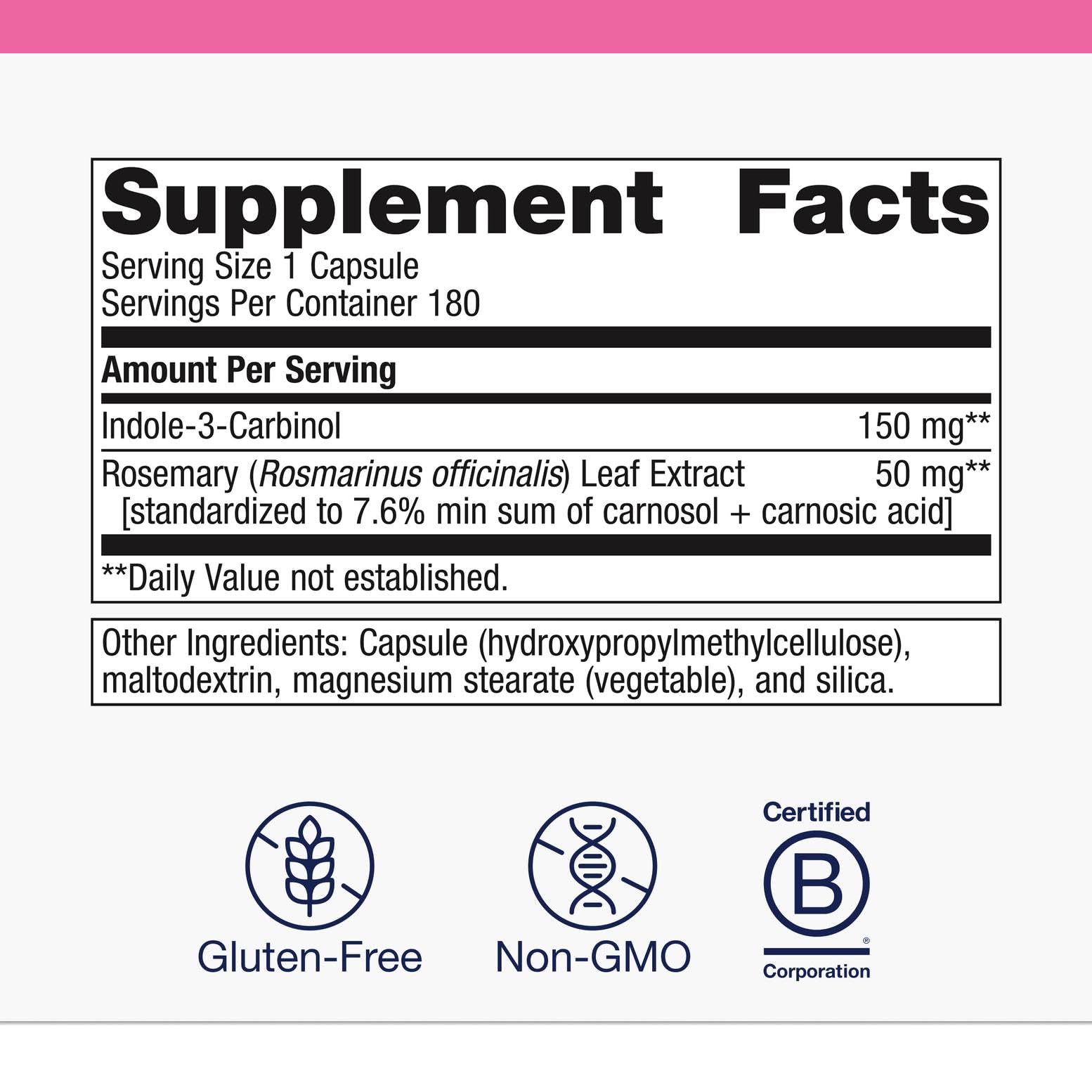 Metagenics Meta Indole-3-Carbinol label close-up highlighting ingredients.