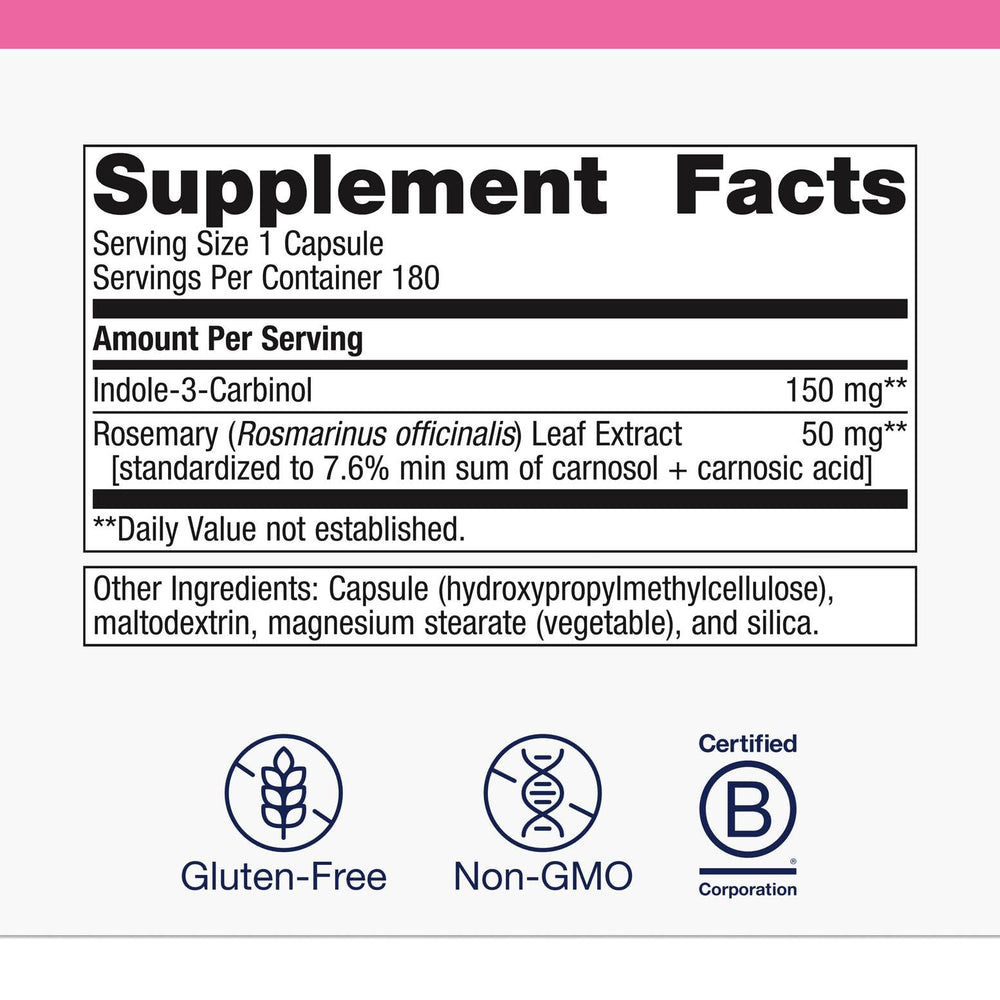 Metagenics Meta Indole-3-Carbinol label close-up highlighting ingredients.