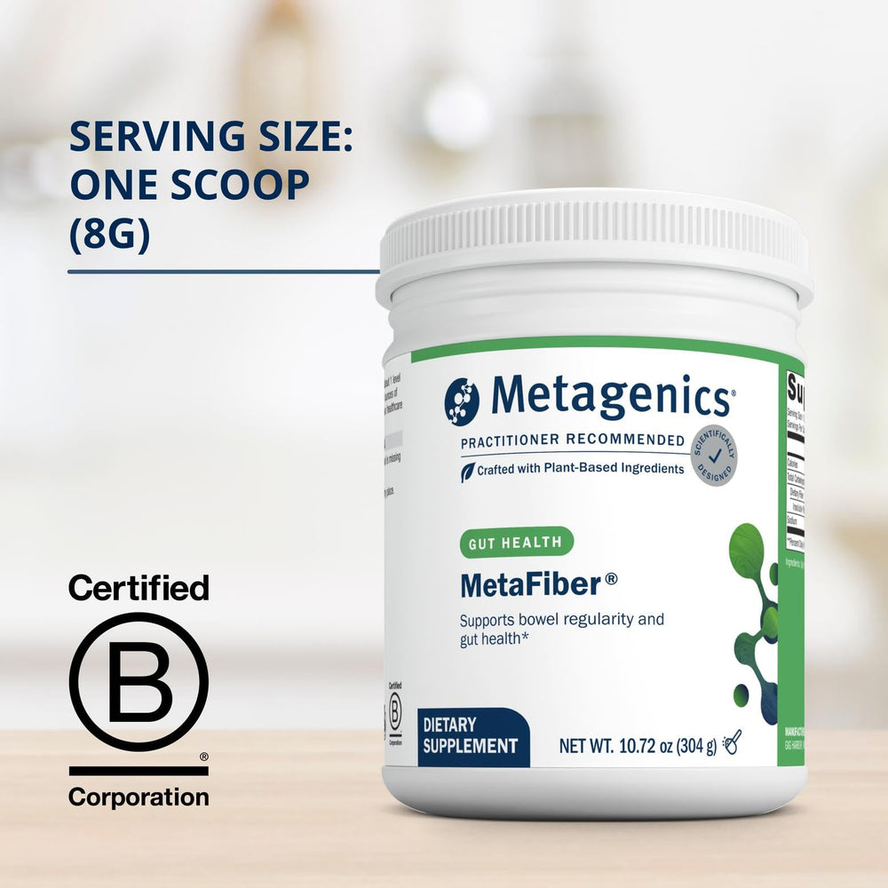 Metagenics MetaFiber gluten-free label highlights allergy-friendly option.