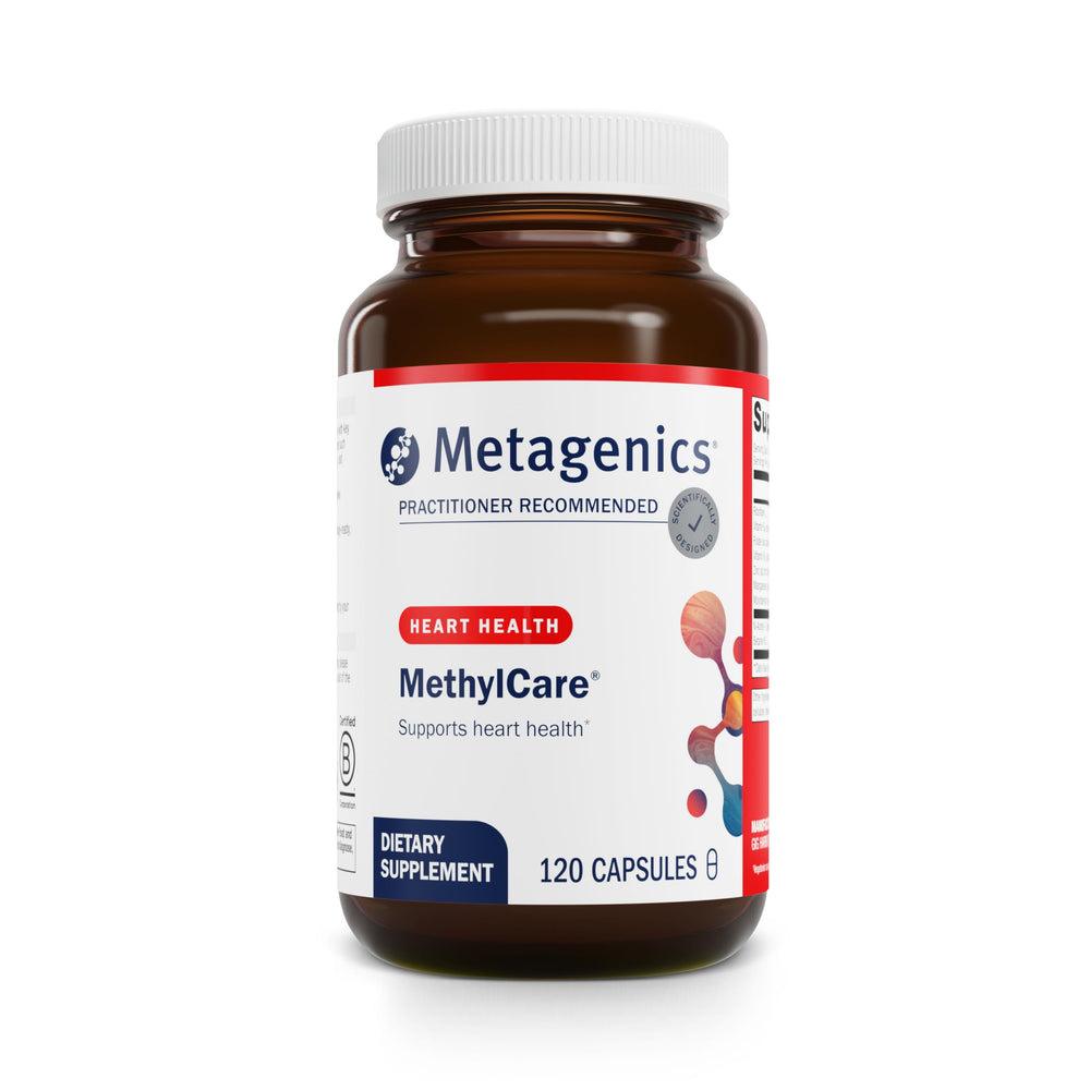 Metagenics MethylCare bottle on display highlighting non-GMO and gluten-free promise for clean supplementation