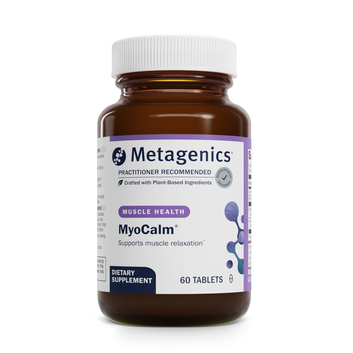 Metagenics MyoCalm bottle label featuring calcium and magnesium for muscle relaxation