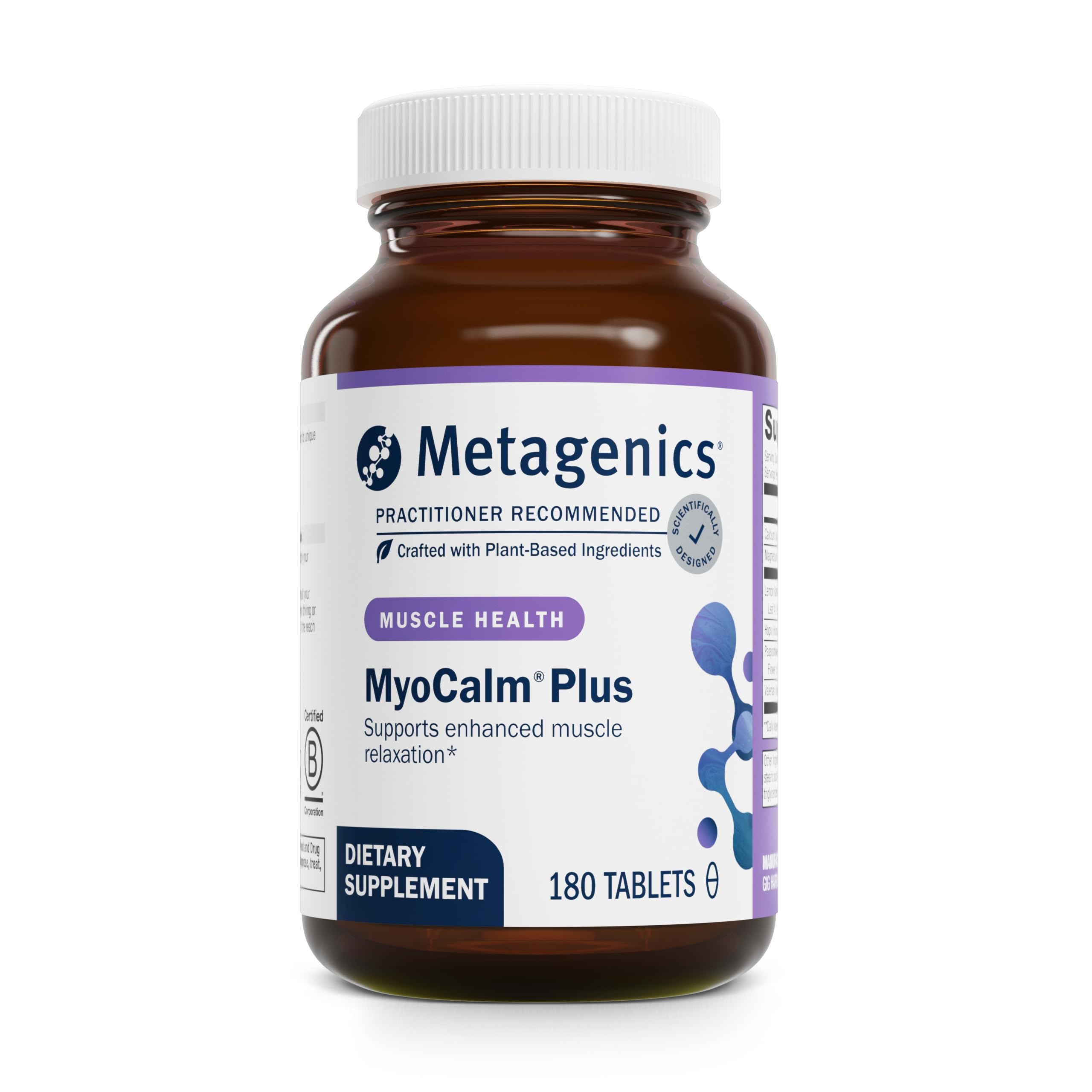 Metagenics MyoCalm Plus bottle close-up highlighting stress support and muscle relaxation potential