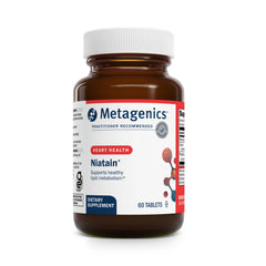 Metagenics Niatain bottle front view highlighting extended-release niacin for steady energy support.