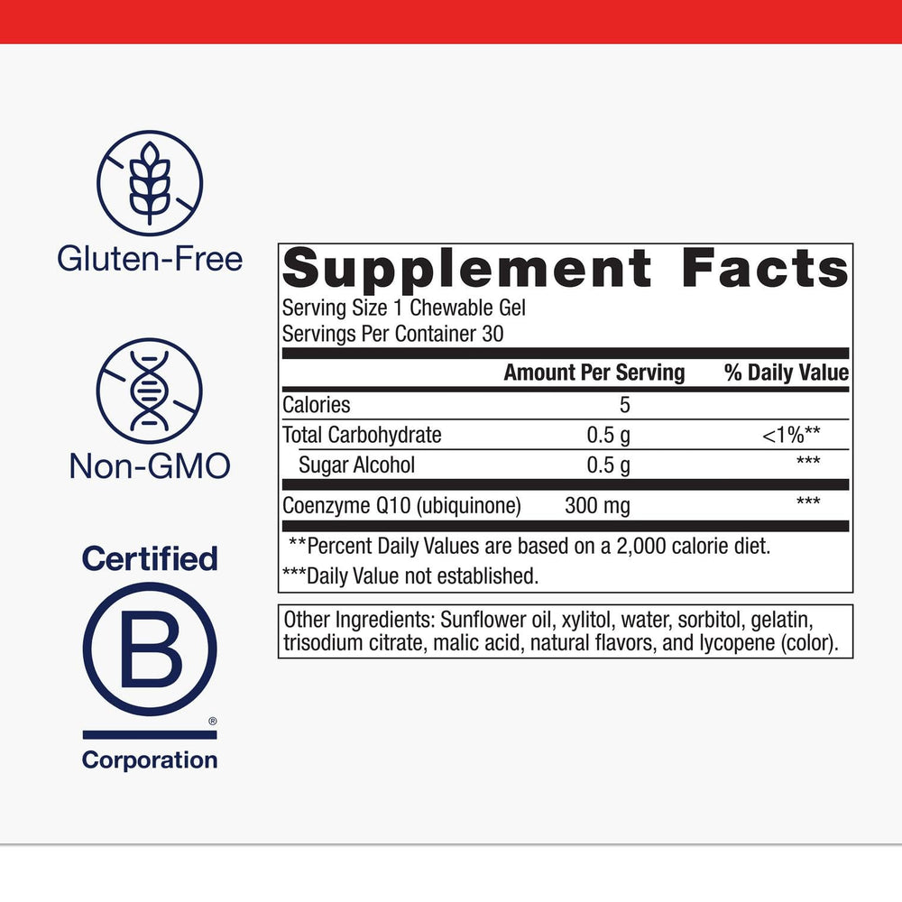 Closeup of Metagenics NutraGems CoQ10 300 mg chewable gels texture and easy chewability