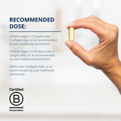 Metagenics OmegaGenics bottle label emphasizes purity and sustainability