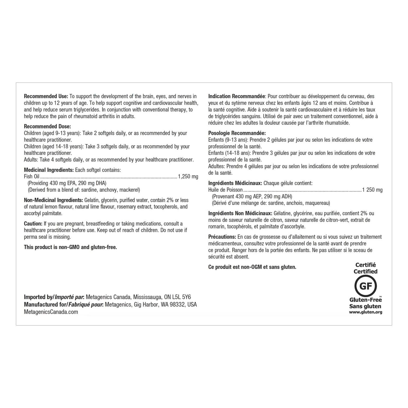 Metagenics OmegaGenics packaging highlights cGMP manufacturing and B Corp badge