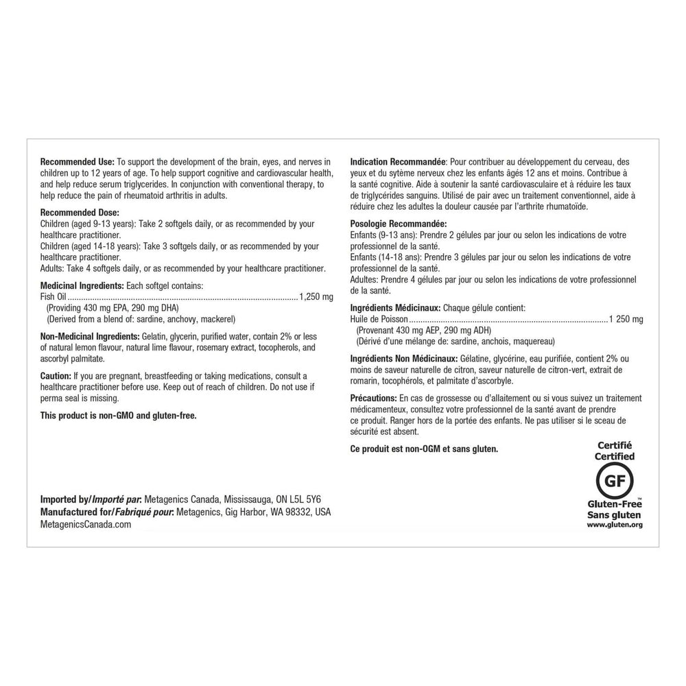 Metagenics OmegaGenics packaging highlights cGMP manufacturing and B Corp badge