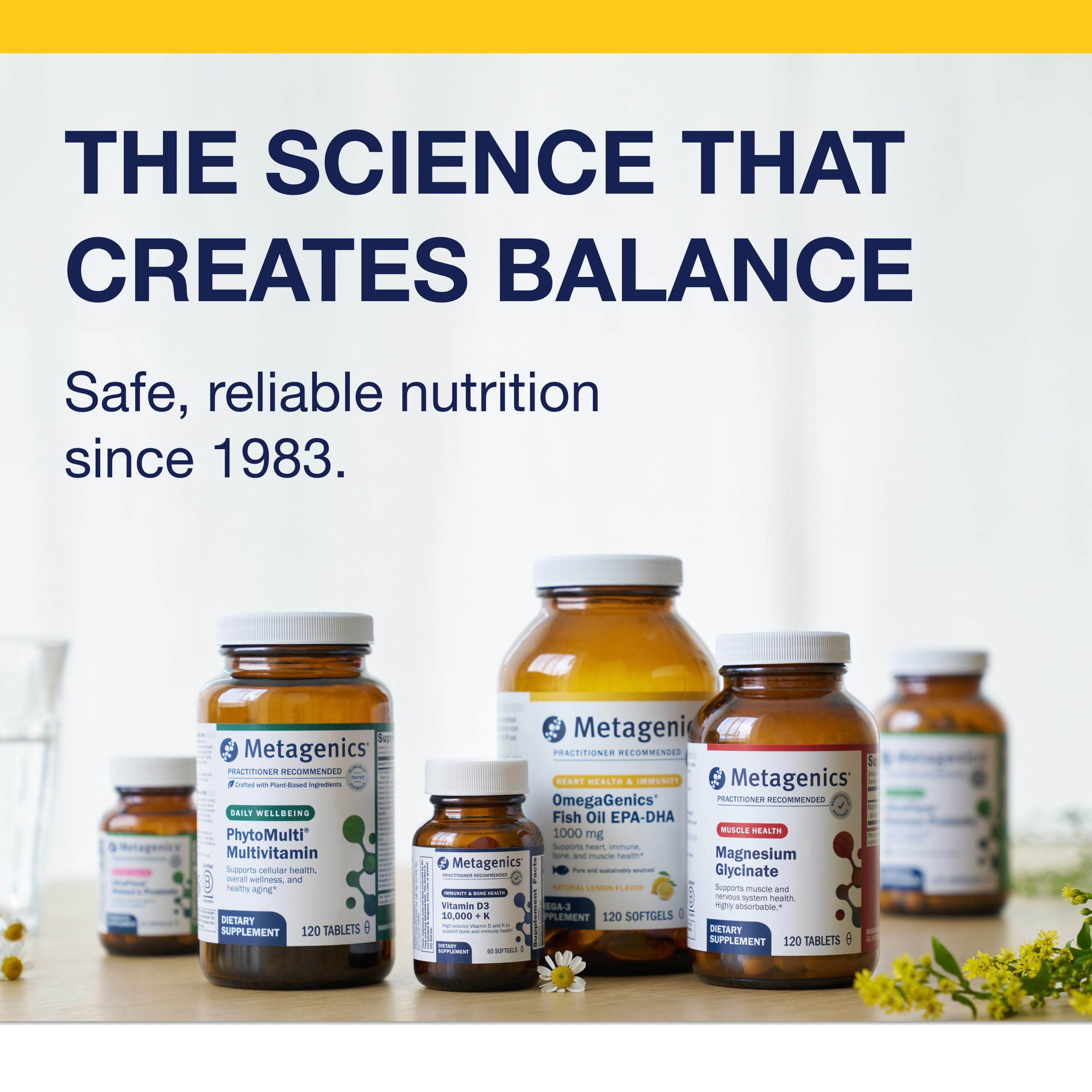 Daily-use scene with Metagenics OmegaGenics bottle encourages consistent omega-3 intake.