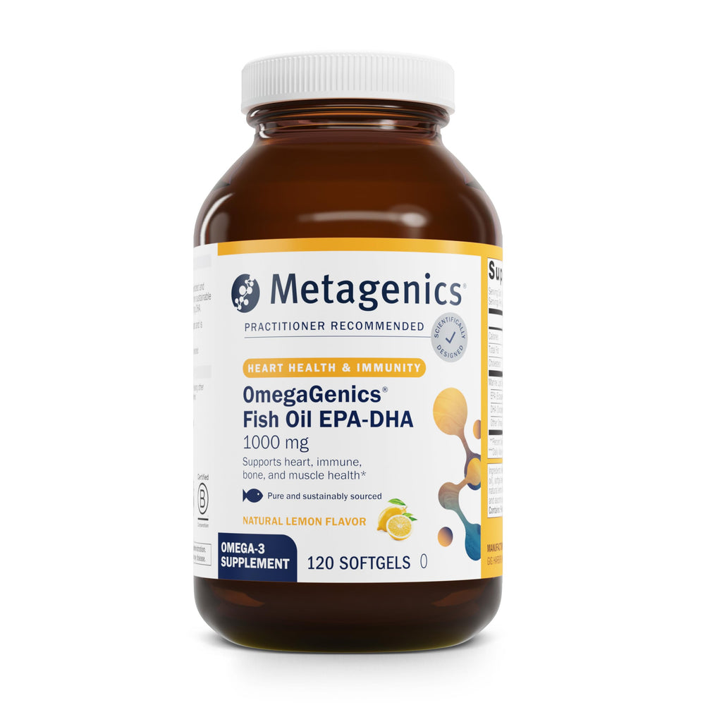 Metagenics OmegaGenics EPA-DHA 1000mg bottle offers comprehensive omega-3 support for heart and brain.