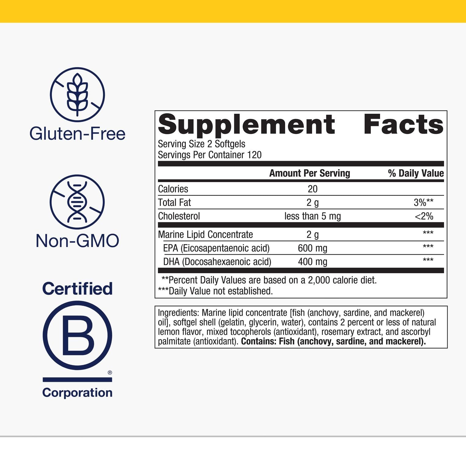 Metagenics OmegaGenics EPA-DHA 500 softgels close-up highlighting potency
