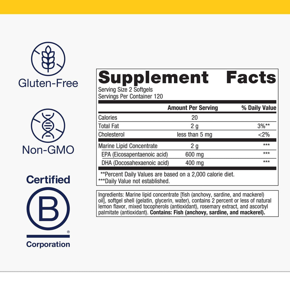 Metagenics OmegaGenics EPA-DHA 500 softgels close-up highlighting potency