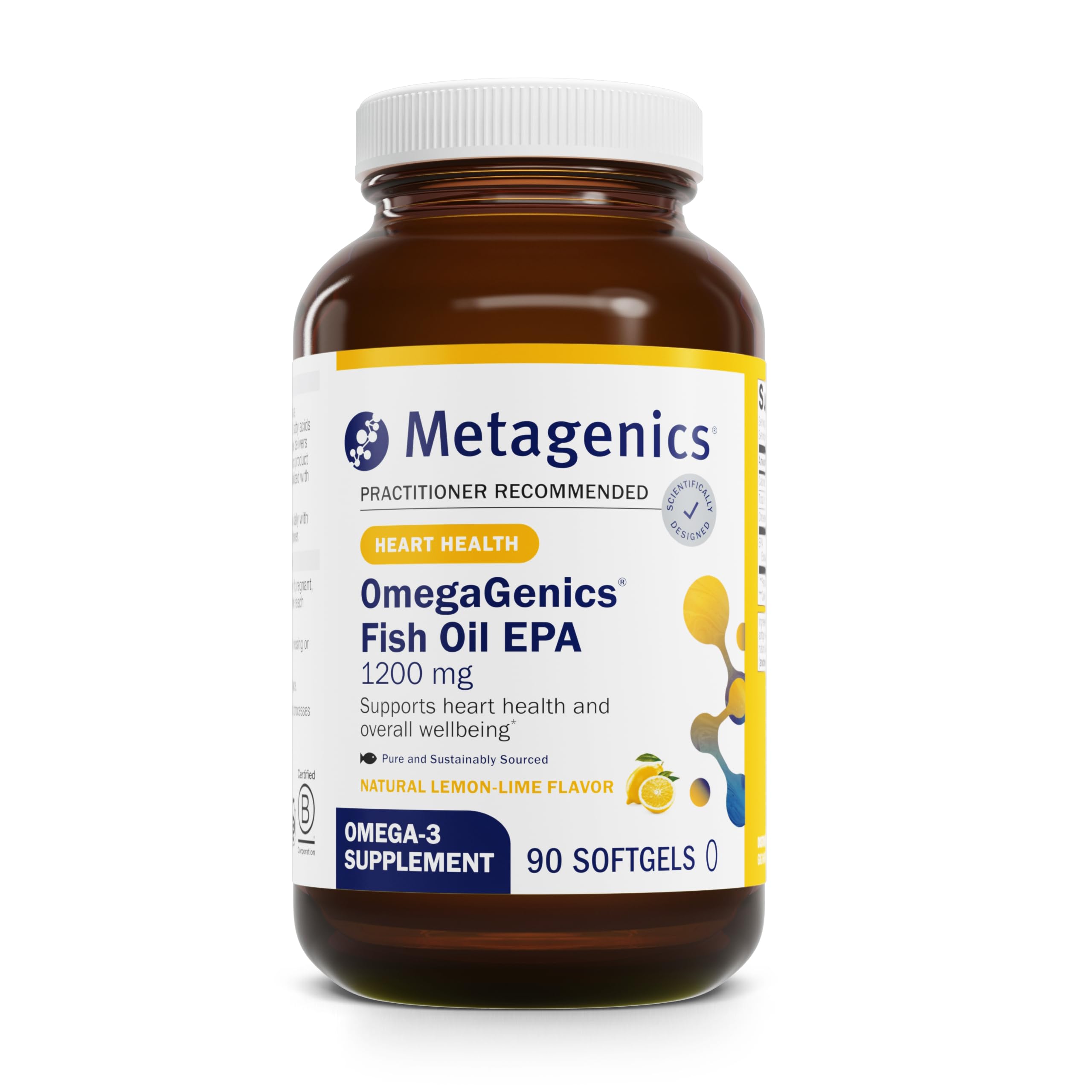 Metagenics OmegaGenics EPA1200 bottle view showing high-potency omega-3 packaging for heart and immune support