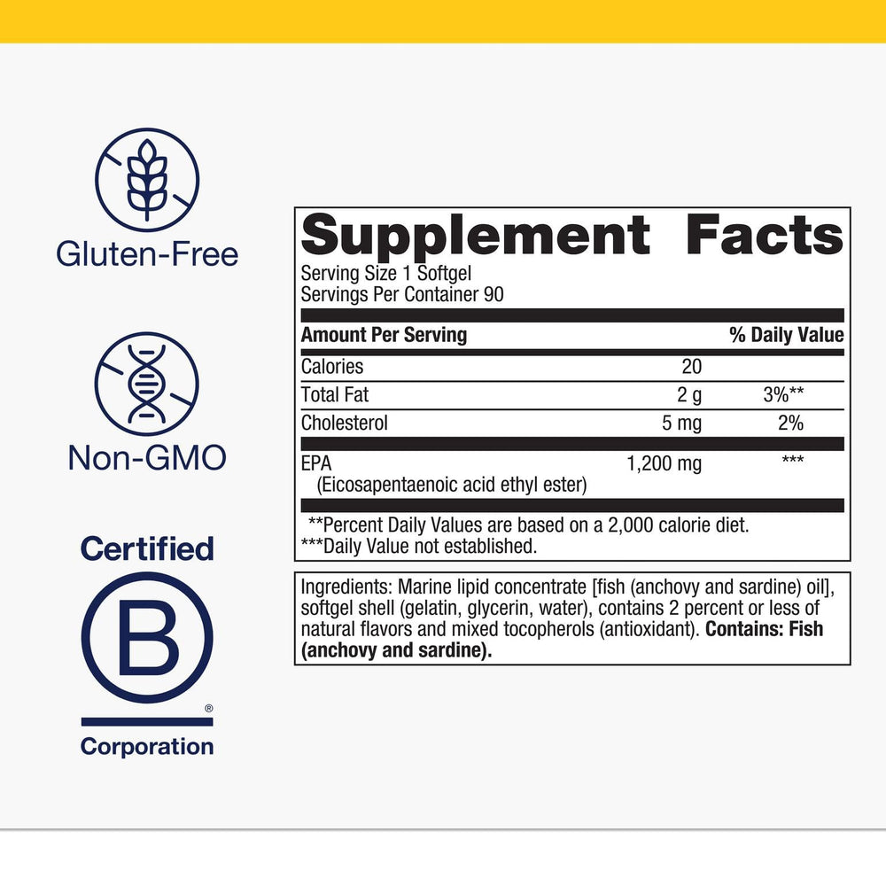 Close-up of Metagenics OmegaGenics EPA1200 capsules emphasizing high EPA potency