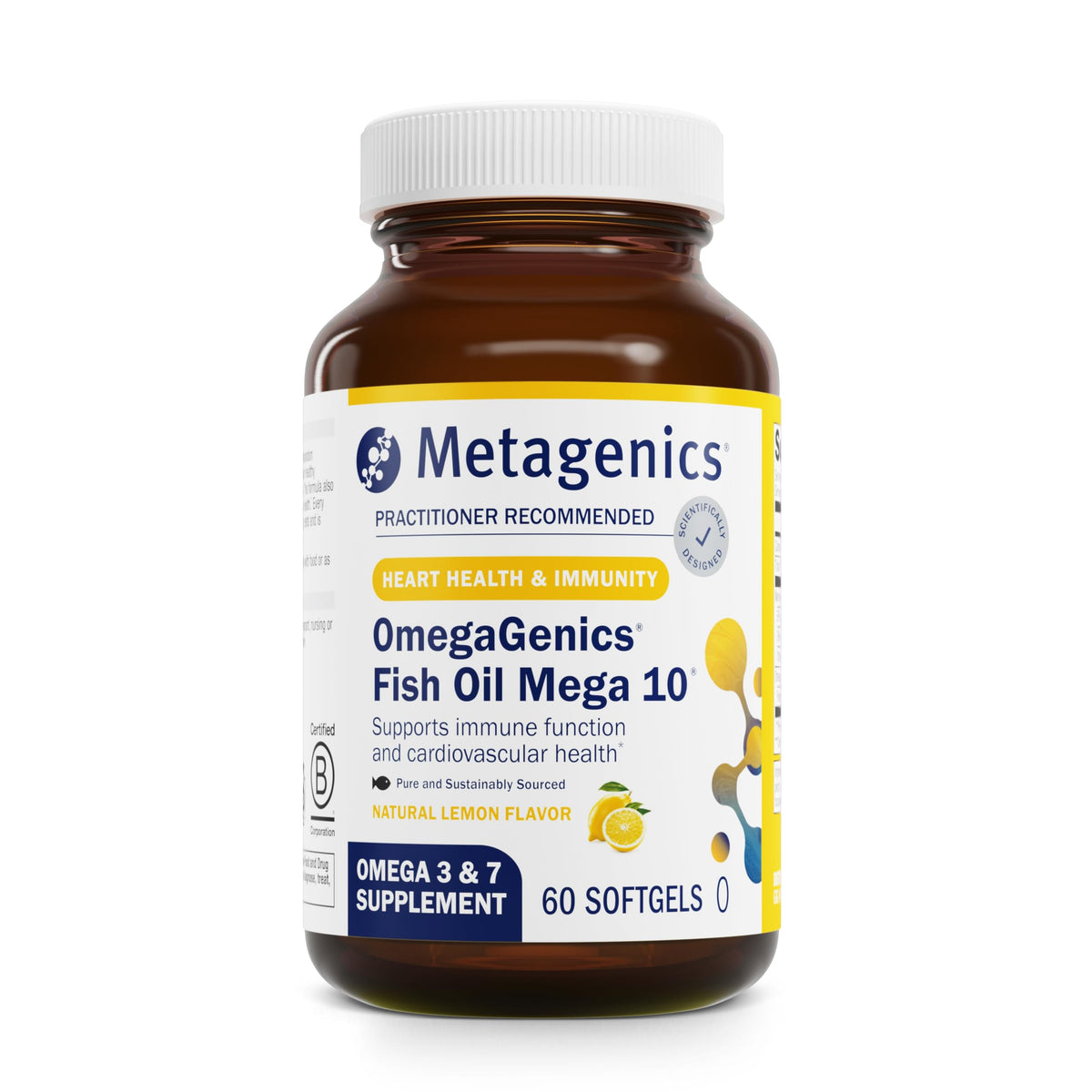 Metagenics OmegaGenics Mega 10 softgels bottle front shows a complete omega blend for heart and brain wellness