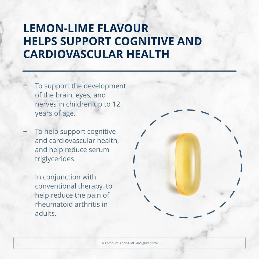 Close-up of softgels highlights easy daily intake and lemon-lime flavor