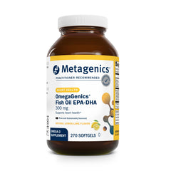 Metagenics OmegaGenics bottle label highlighting EPA and DHA details for heart and brain support