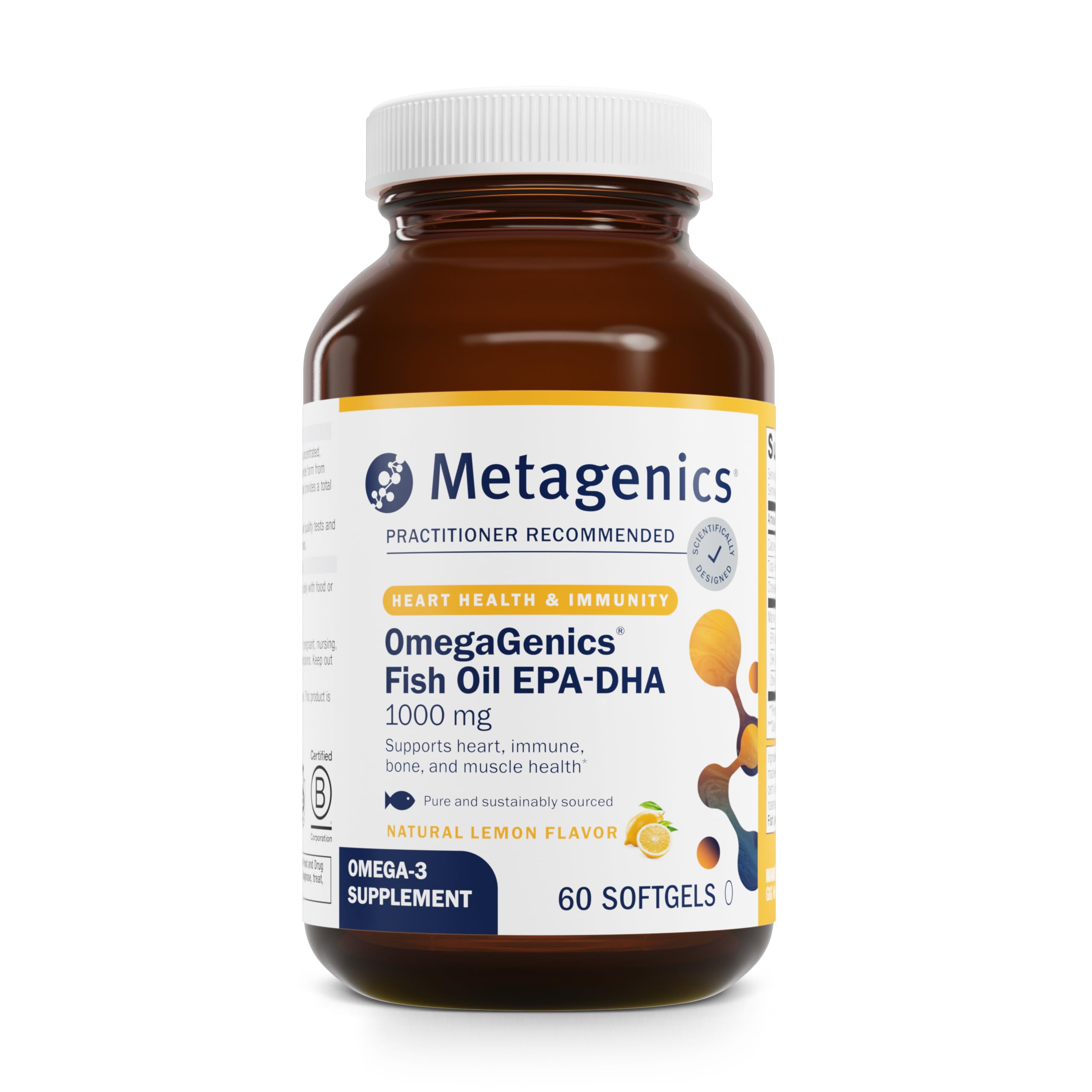Metagenics OmegaGenics EPA-DHA 1000 mg bottle for heart, brain, and joint support.