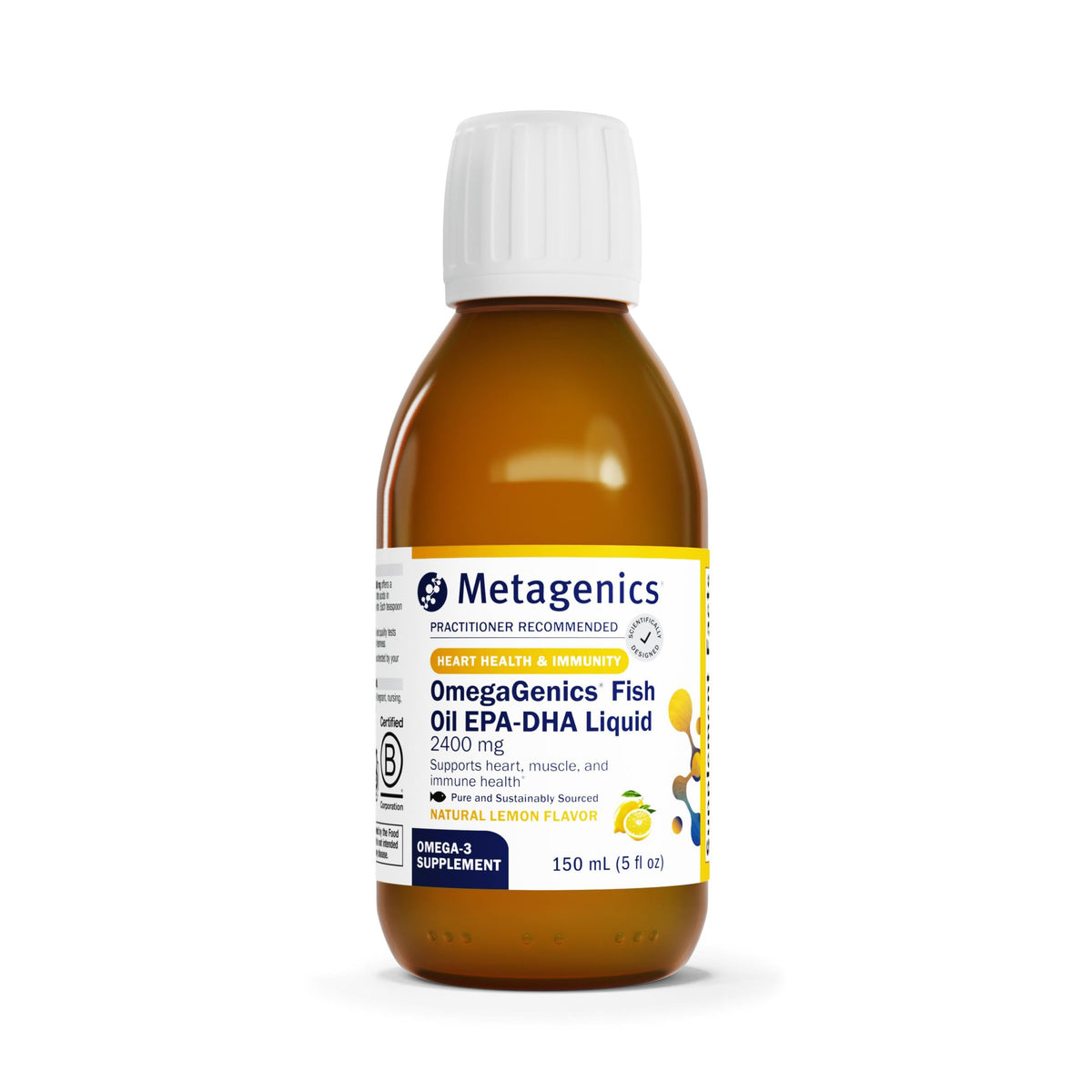 Metagenics OmegaGenics EPA-DHA 2400 mg lemon bottle promotes heart and immune support.