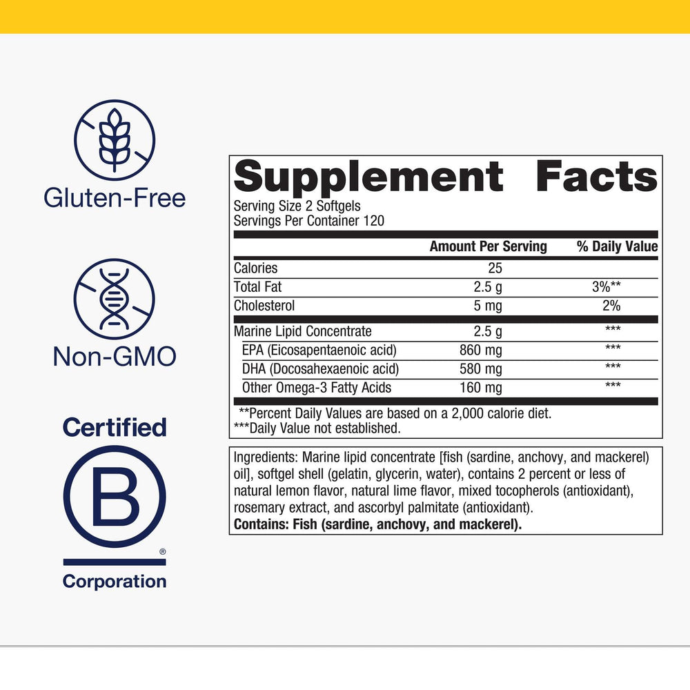 Metagenics OmegaGenics fish oil bottle front highlighting high-potency EPA-DHA for wellness.