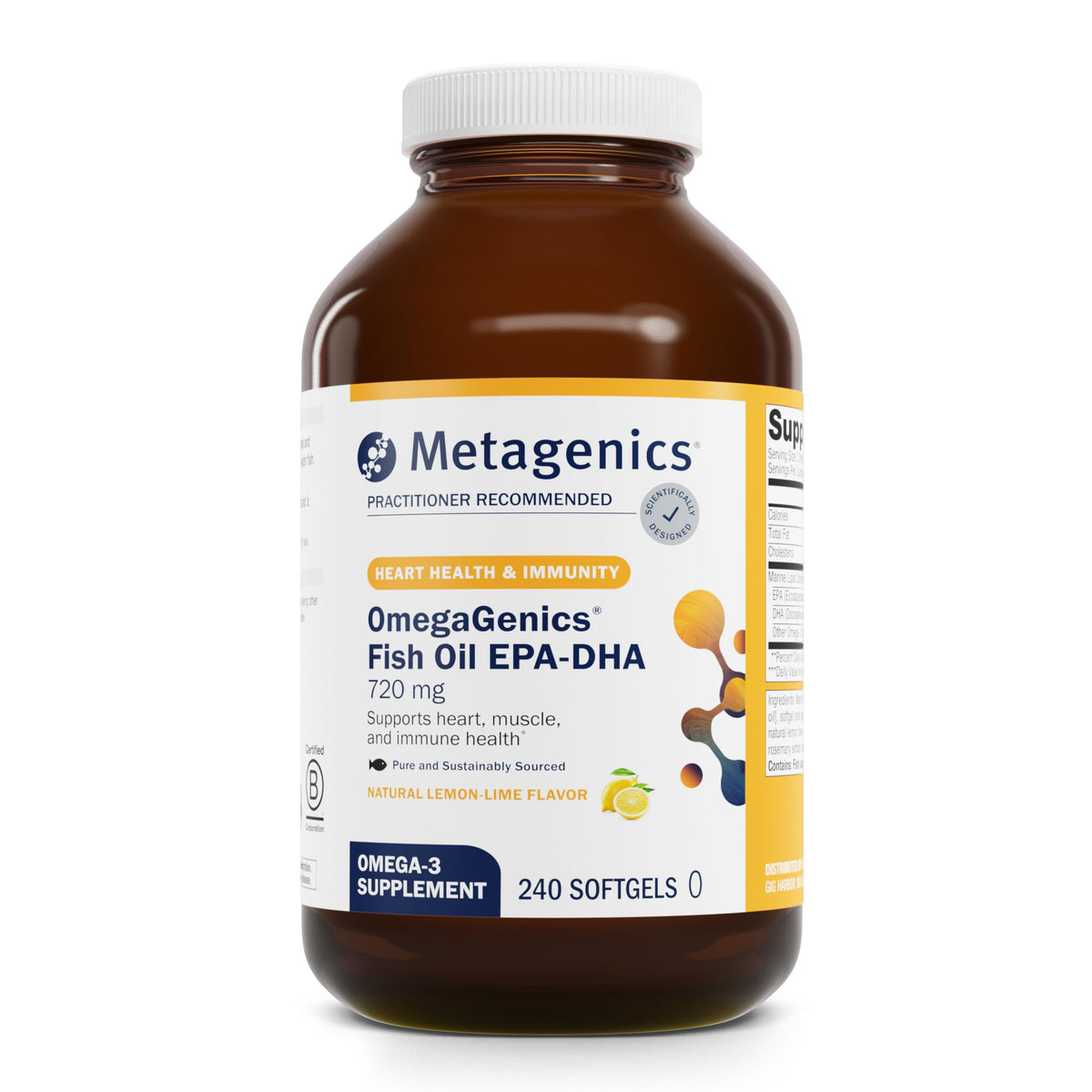 Metagenics OmegaGenics fish oil softgels close-up, easy daily omega-3 support.