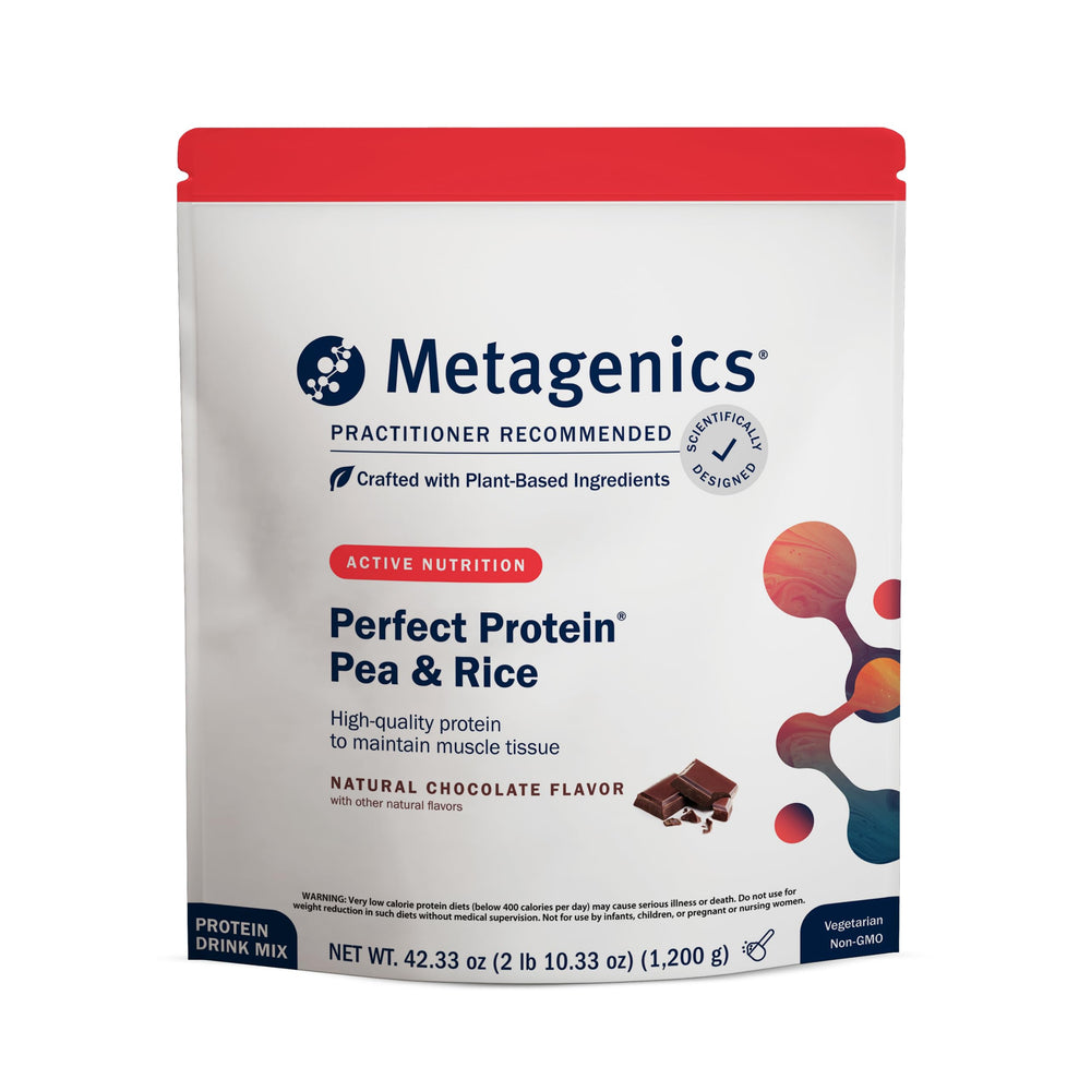 Metagenics Perfect Protein Pea & Rice bottle pours into a glass for a protein shake.