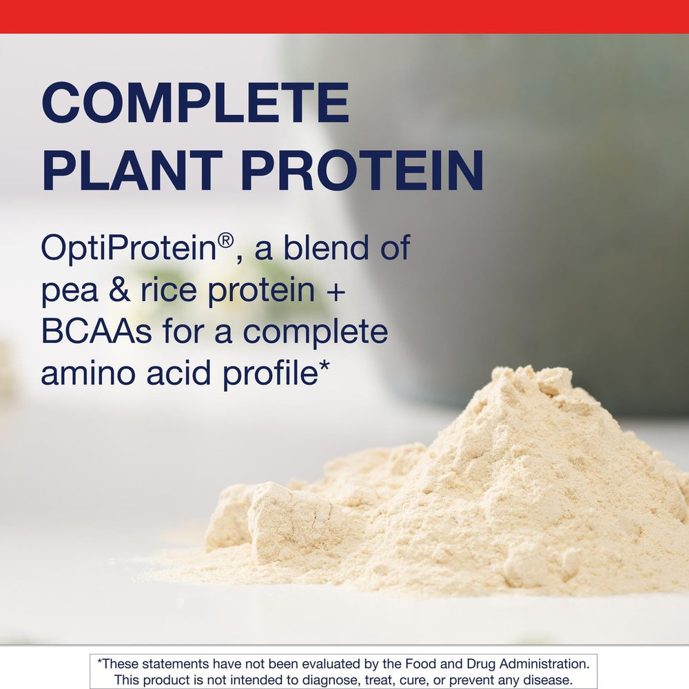 Scoop beside shaker shows Metagenics protein powder's easy mixability.