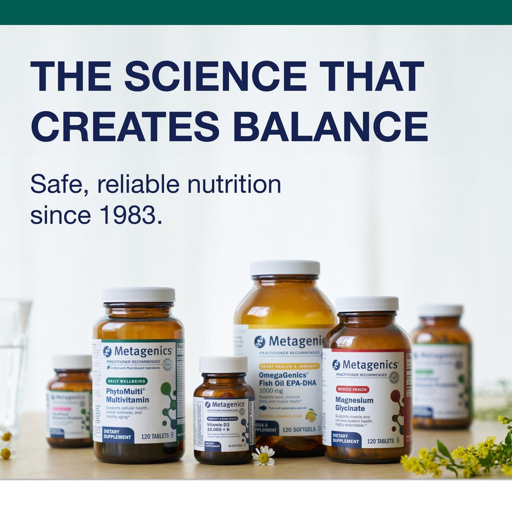 Metagenics PhytoMulti drink glass shows powder mixed into juice.