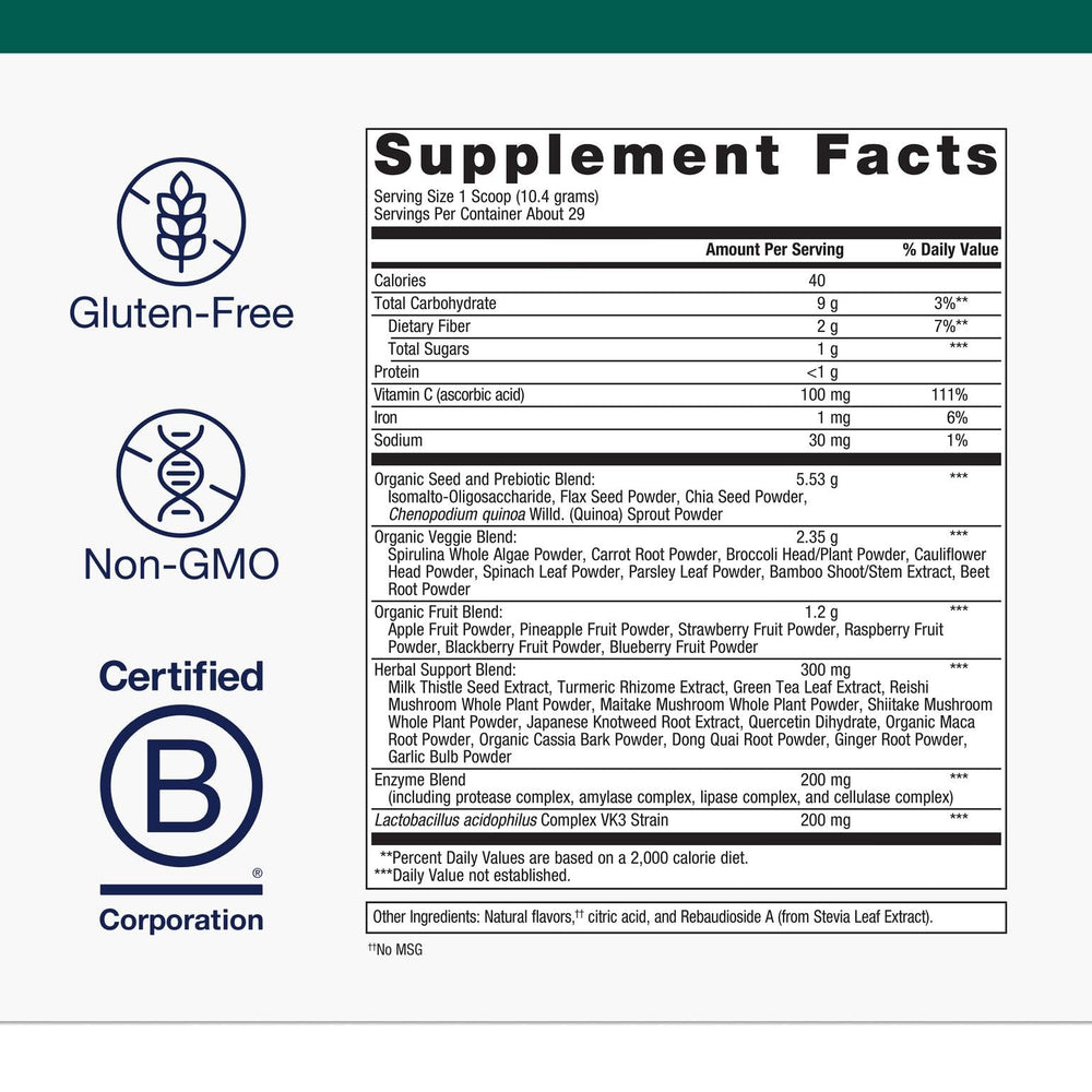 Metagenics PhytoMulti ingredients label emphasizes fruits, vegetables and prebiotics.
