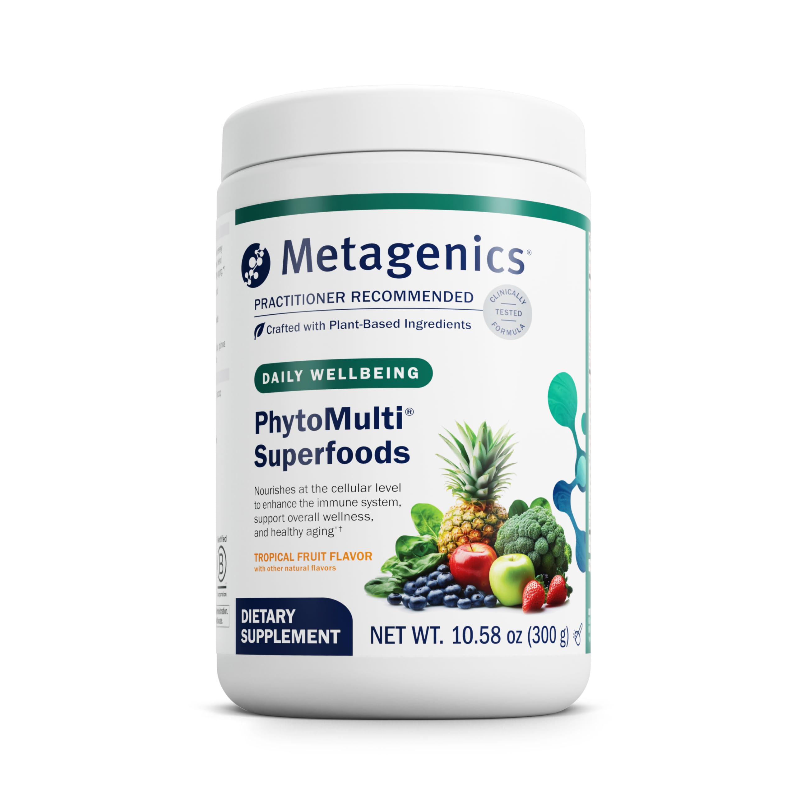 Metagenics PhytoMulti bottle front highlights tropical blend for daily wellness.