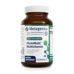 Metagenics PhytoMulti bottle front for daily wellness on a kitchen counter.