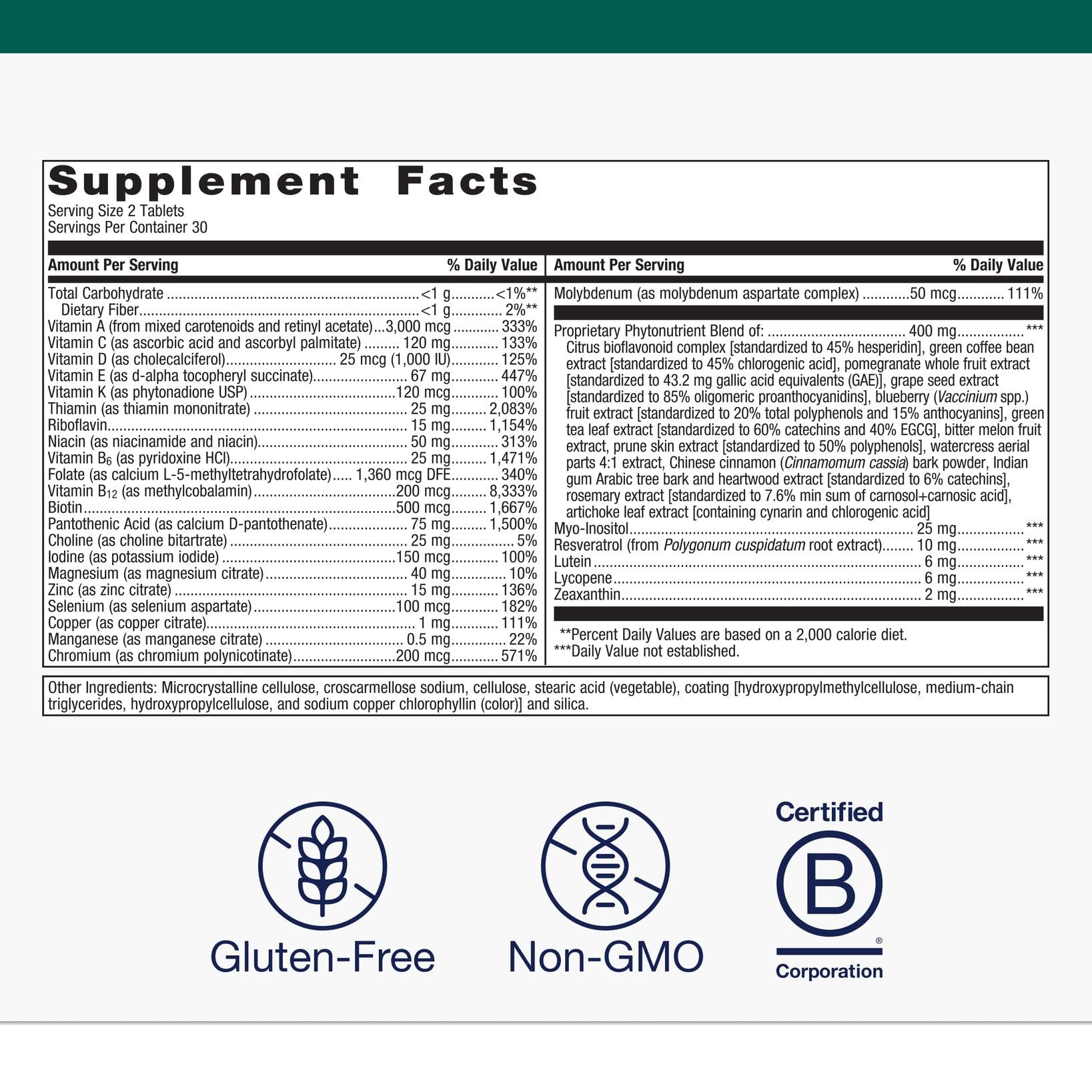 PhytoMulti Without Iron tablets close-up showing vegetarian formula