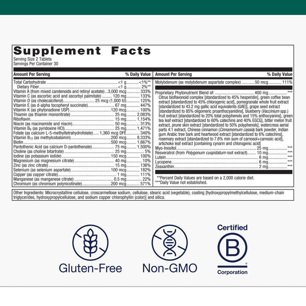 PhytoMulti Without Iron tablets close-up showing vegetarian formula