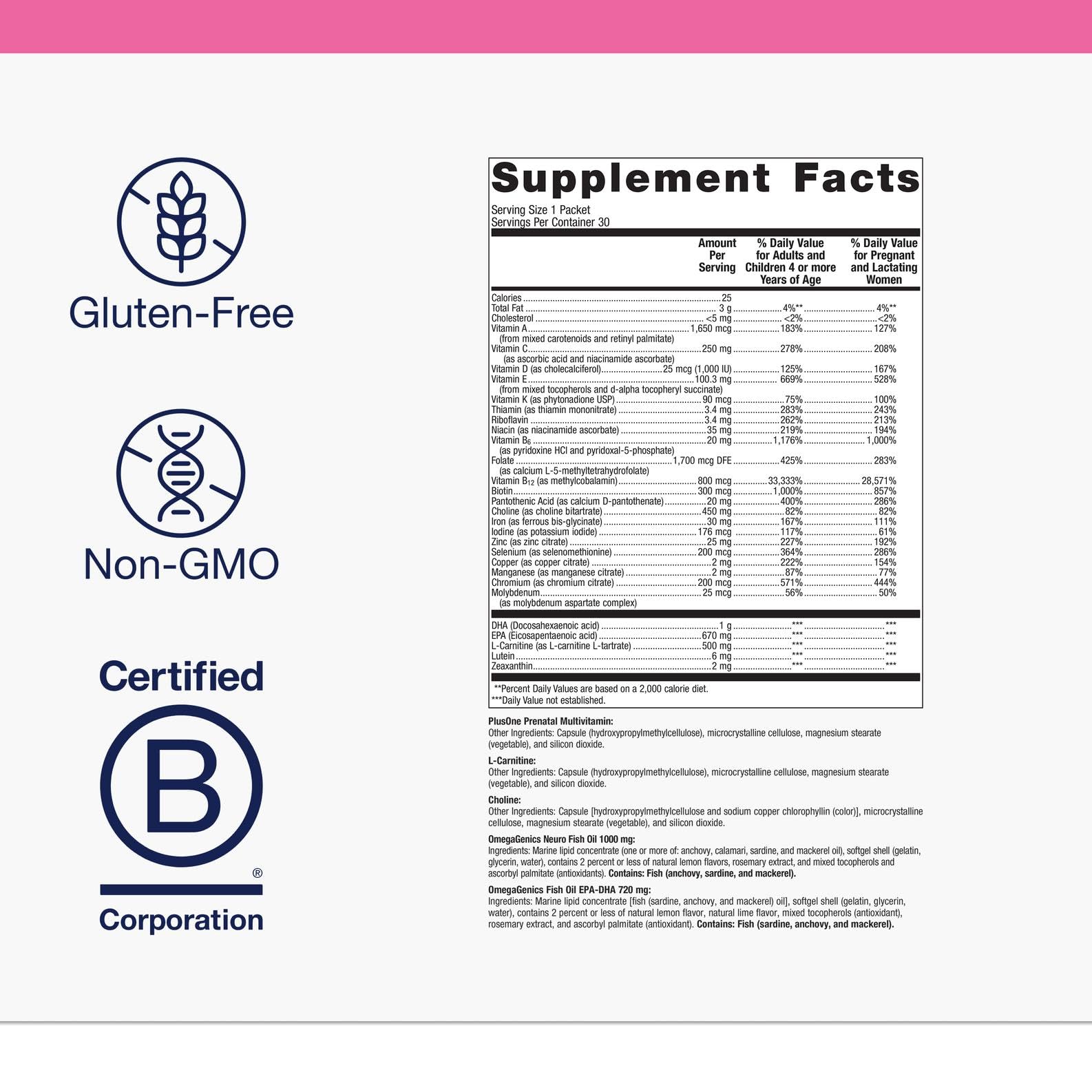 Metagenics PlusOne folate and DHA/EPA for prenatal brain and development support.