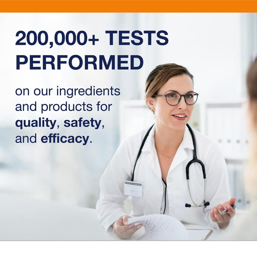 GMP-certified facility badge with Metagenics Quercetin packaging imagery