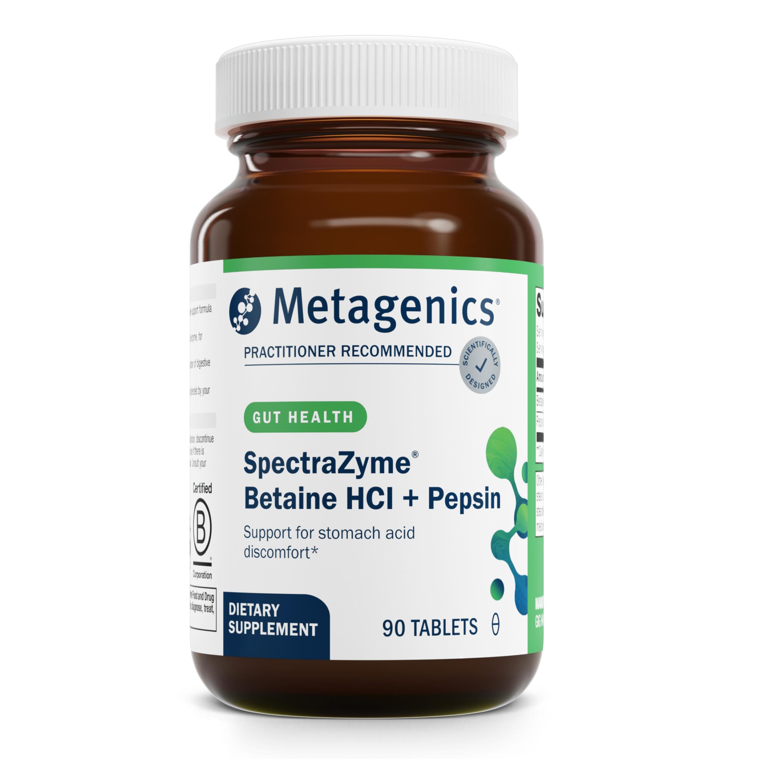 Metagenics SpectraZyme capsule bottle front for protein digestion support.