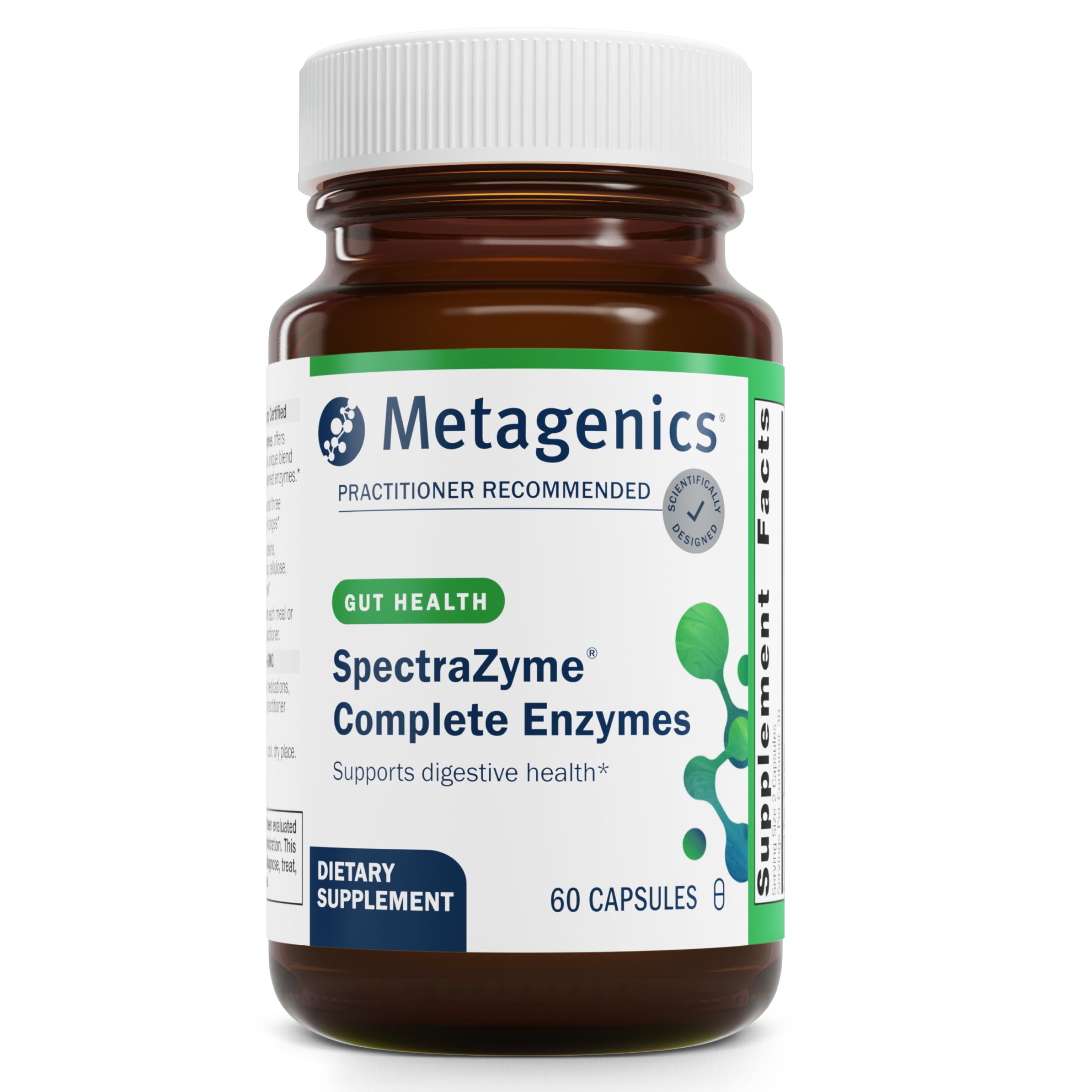 Metagenics SpectraZyme bottle and capsules support comfortable digestion after meals.