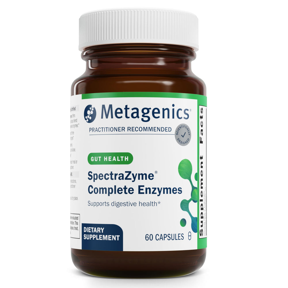 Metagenics SpectraZyme bottle and capsules support comfortable digestion after meals.