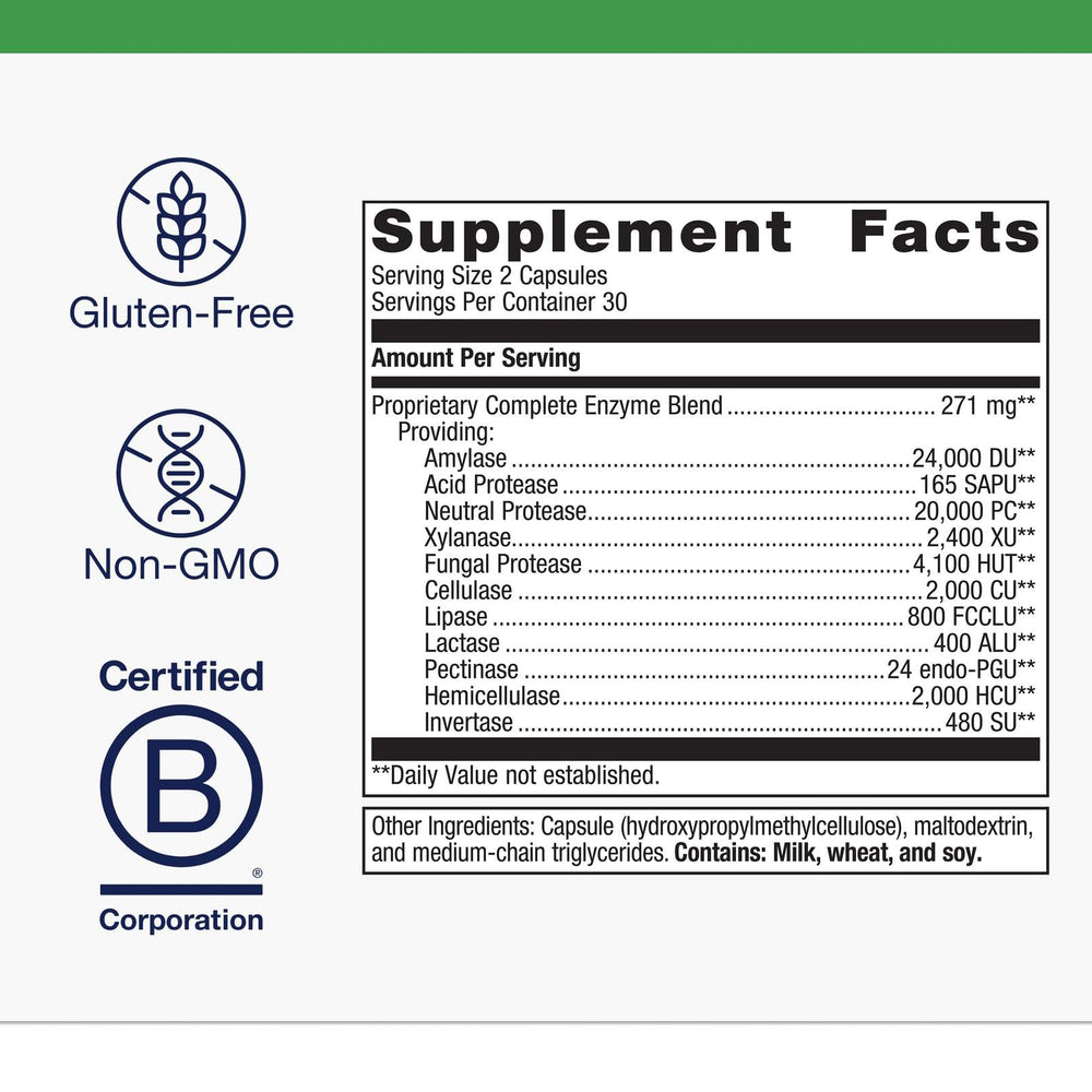 Metagenics SpectraZyme label highlights gluten-free vegan formula for easy digestion.