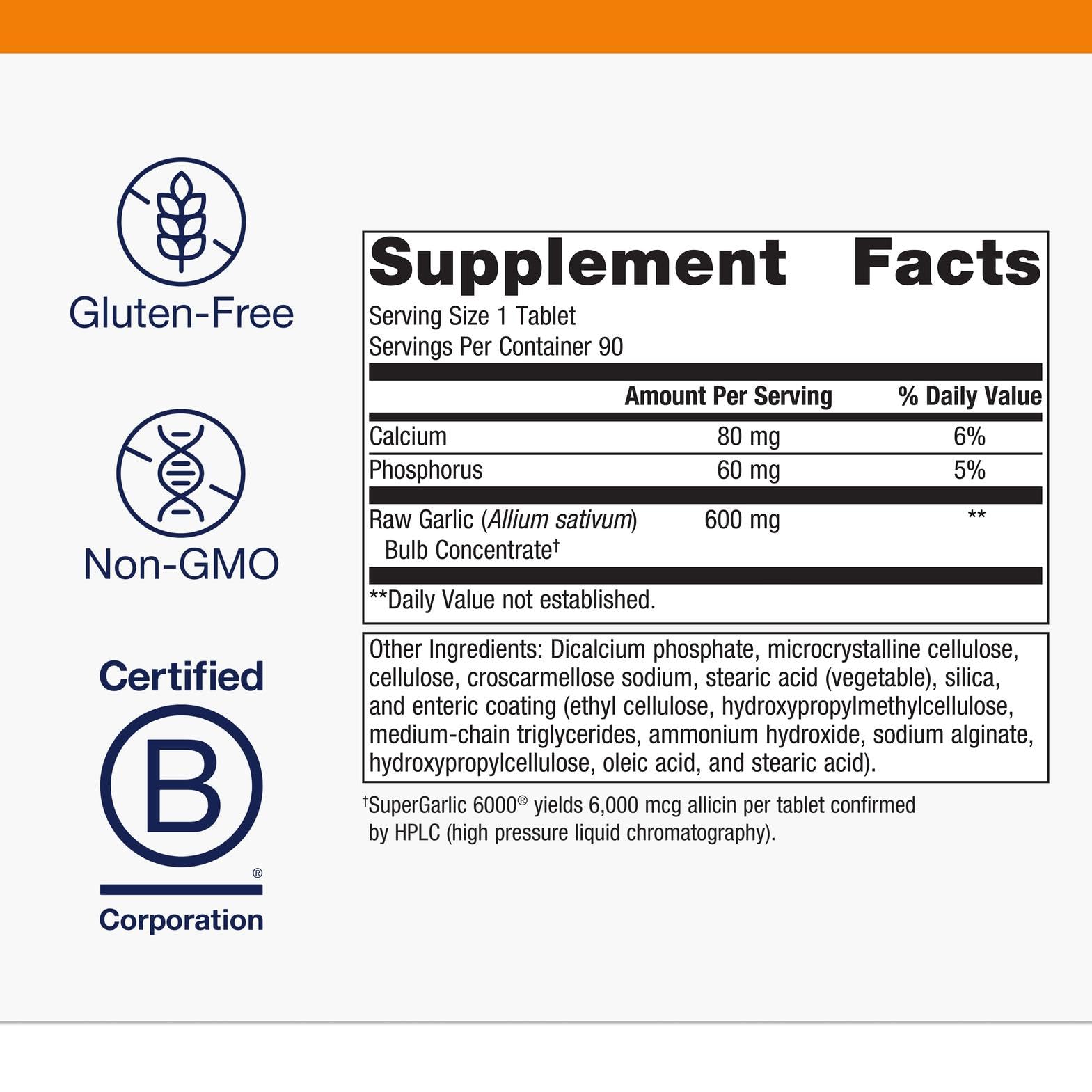 Metagenics SuperGarlic 6000 tablet close-up highlights 6000 mcg allicin potency.