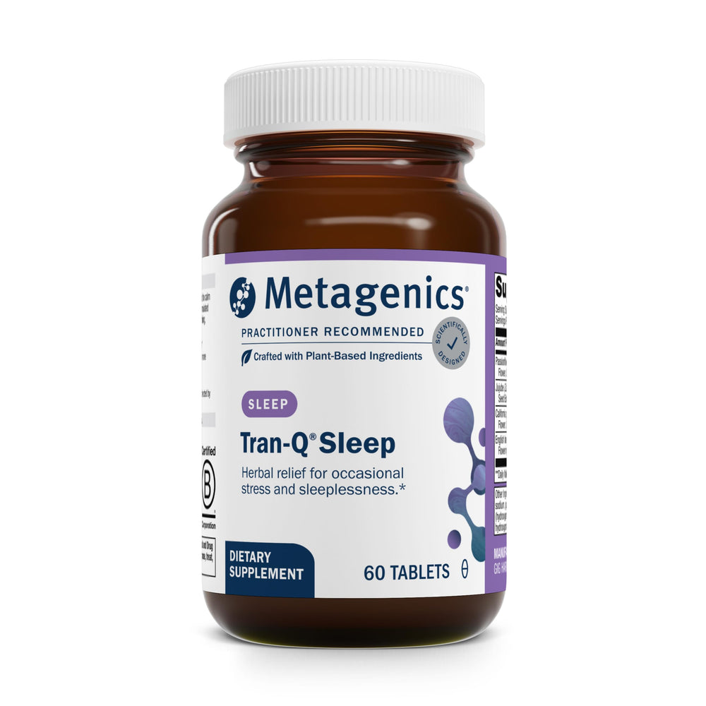 Metagenics Tran-Q Sleep bottle shows a clean herbal blend for calm evenings.