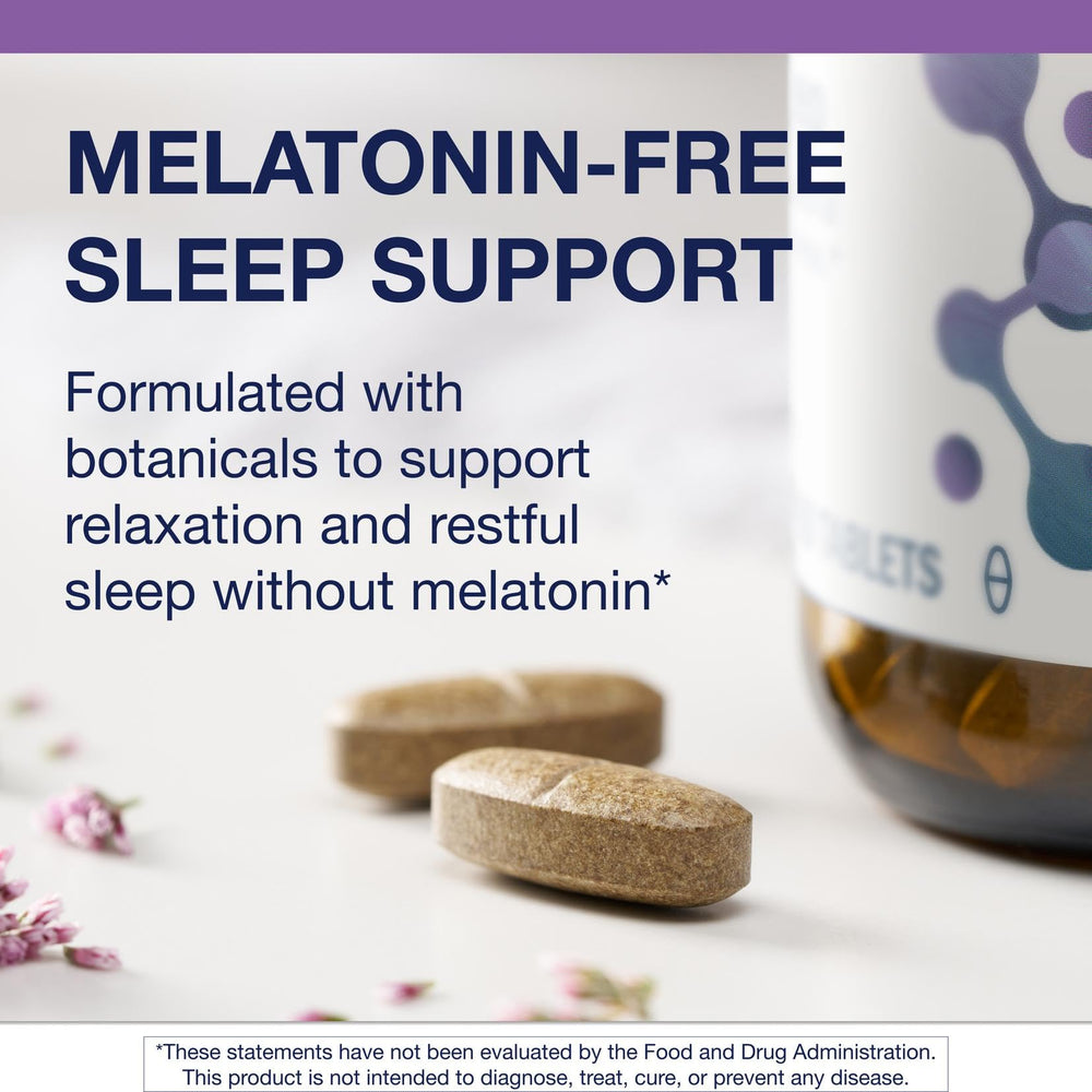 Metagenics Tran-Q Sleep nightstand scene conveys bedtime routine simplicity and calm ambience.