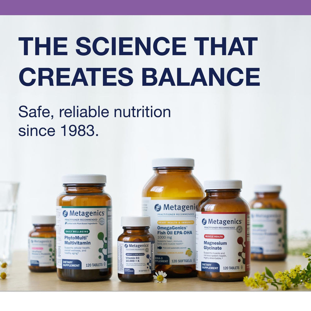 Metagenics Tran-Q Sleep packaging display showcases non-GMO, gluten-free, herbal night support.