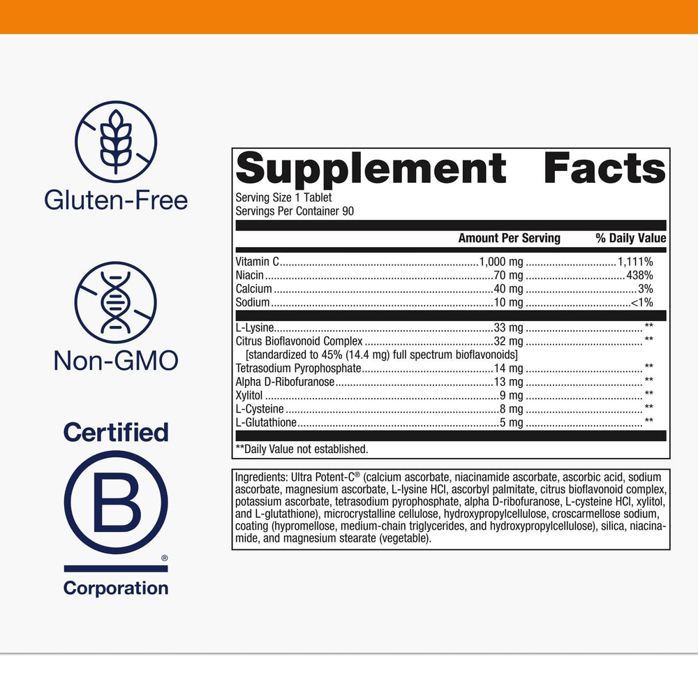 Metagenics Ultra Potent-C 1000 tablets close-up shows buffered formula for gentler digestion.