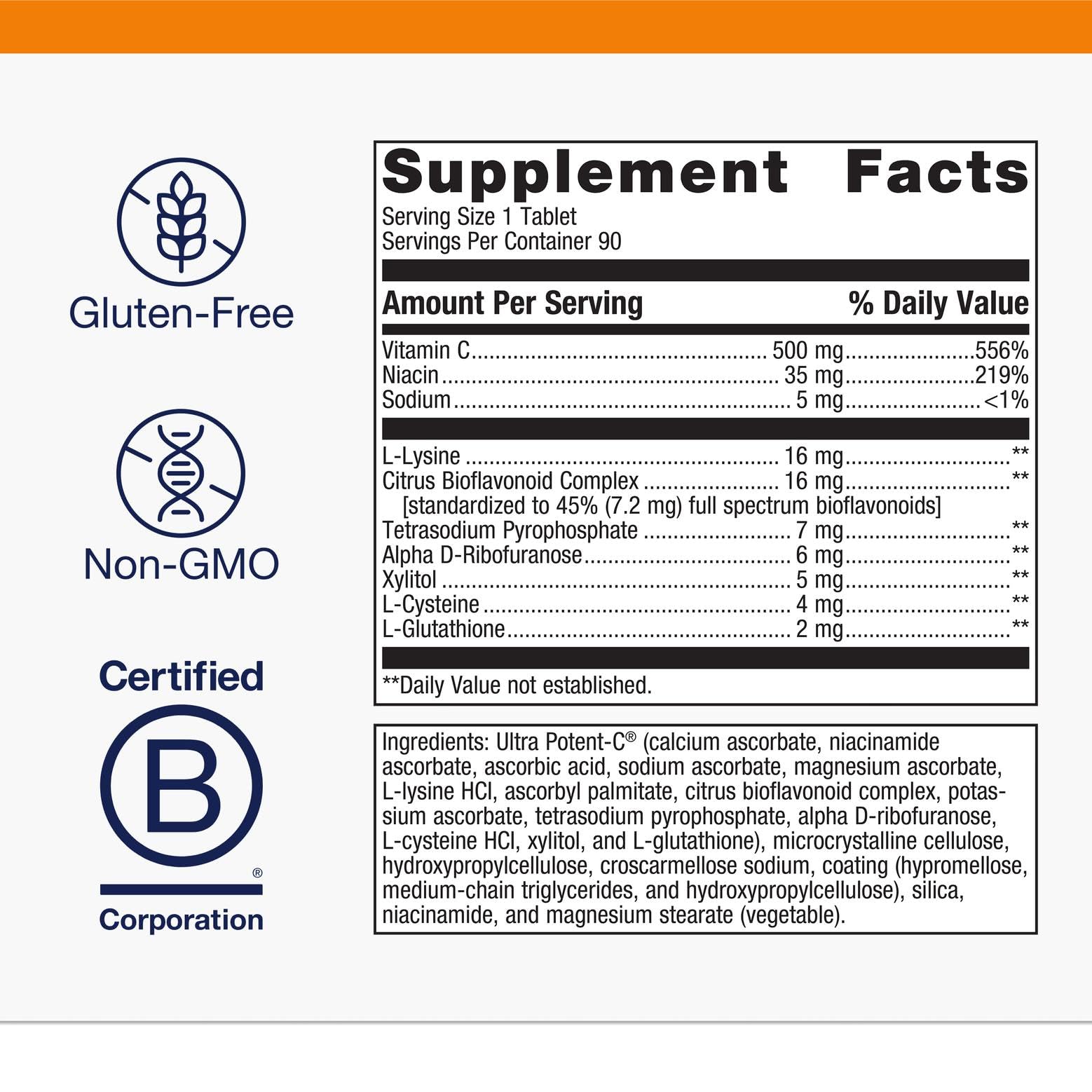 Close-up of Ultra Potent-C 500 tablet highlighting easy-to-swallow design.