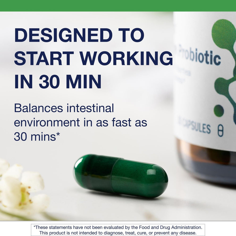 Metagenics UltraFlora Acute Care image shows gluten-free icon for dietary compatibility.