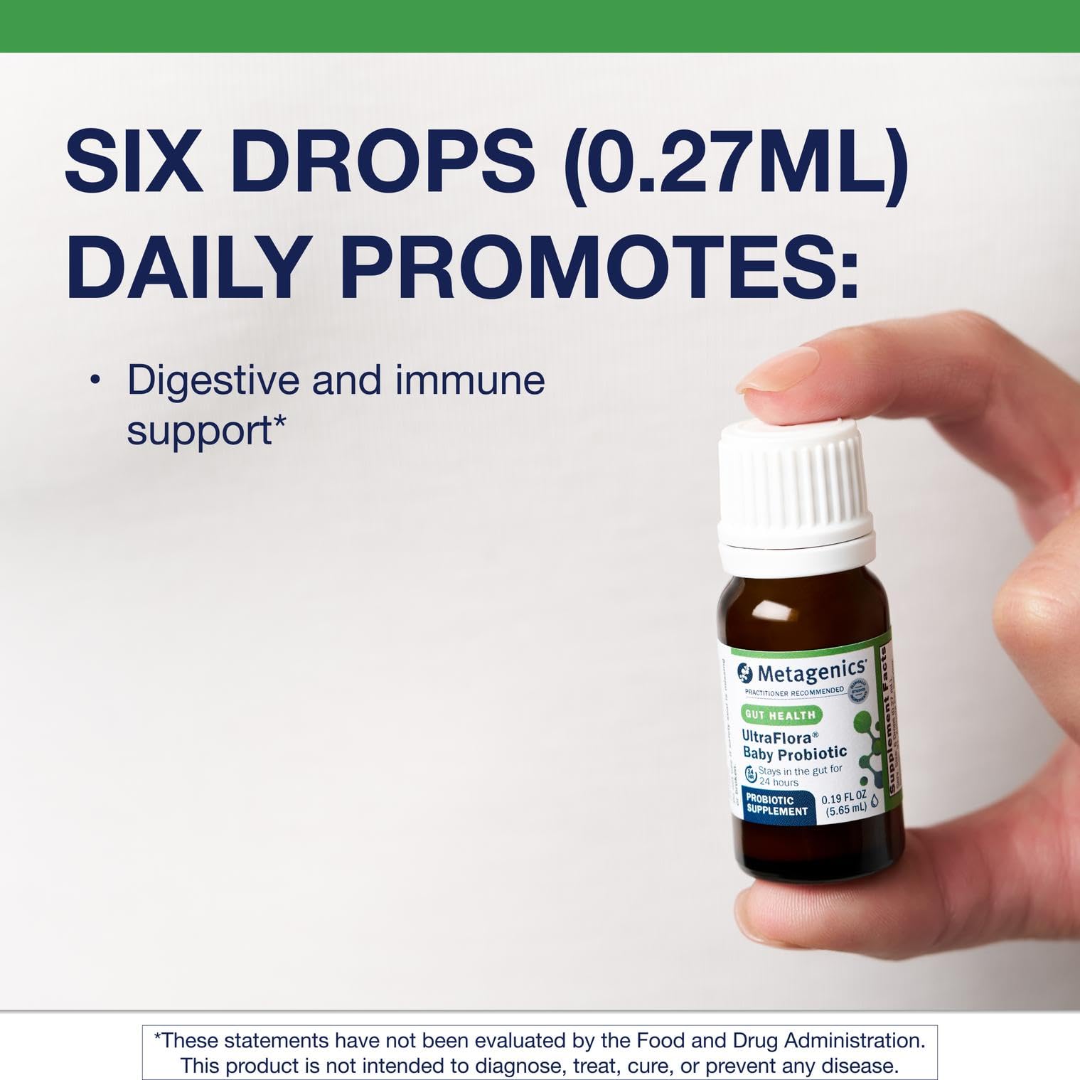 Close-up of the dropper delivering six drops for daily infant use.