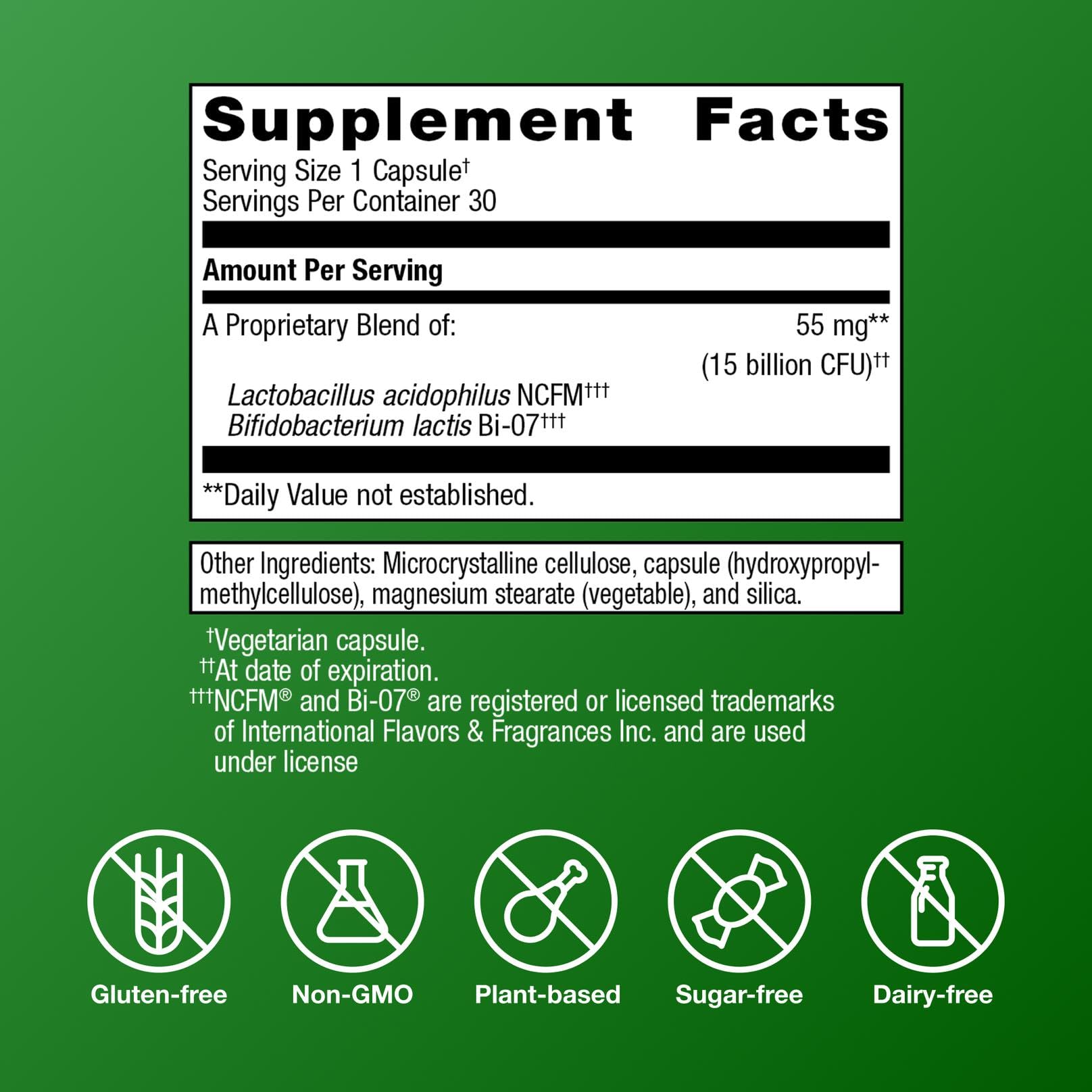 Metagenics UltraFlora Balance bottle label close-up; contains B. lactis Bi-07 and L. acidophilus NCFM